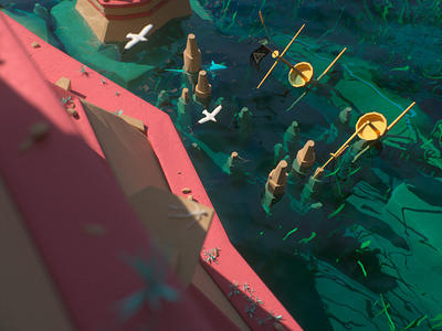 Smuggler's Island c4d environment flag island lowpoly master minimalistic octanerender pirates seagulls ship smugglers sunken