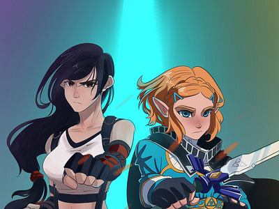 Princess Zelda & Tifa anime artwork breath of the wild character art characterdesign final fantasy final fantasy vii illustration the legend of zelda tifa zelda