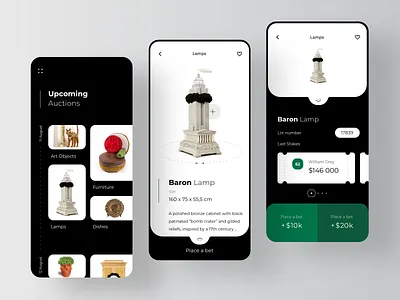 Antique Auction Betting Application app auction auctions augmented reality bet bets betting bid bids buy ecommerce lots product page profile page rondesign ticket