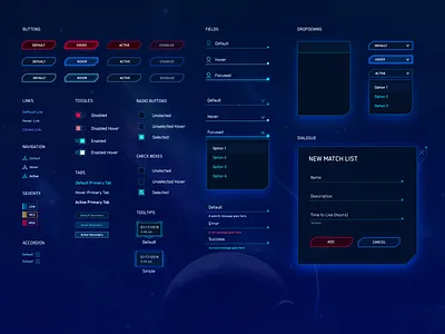 JASK UI Patterns button checkbox dark dark app design system dropdown form fui hud modal product design sci fi scifi space styleguide tabs toggle tooltip ui components user interface