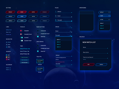JASK UI Patterns button checkbox dark dark app design system dropdown form fui hud modal product design sci fi scifi space styleguide tabs toggle tooltip ui components user interface