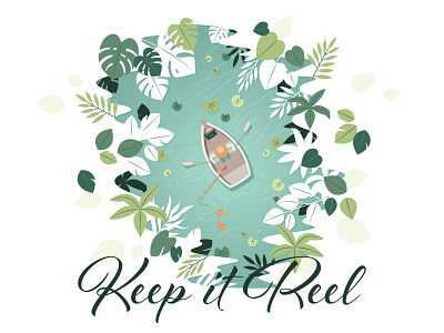 Keep It Reel art boat design fish fishing flat goldfish hat illustration illustrator leaves lilypad oars plants pond reel row boat rowing top view tropical