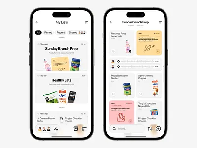 shopping list with notes and audio / interaction actions app bottom bar cards expand figma icons ios note product page stickers tabs ui