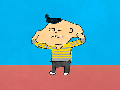 A boy pulling a cheek blue boy cheek human illustration man pulling yellow