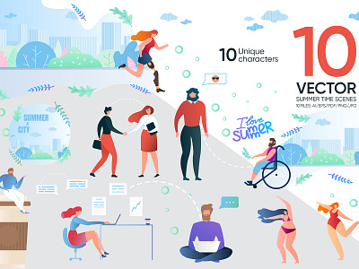 Summer Time Flat Collection abducting beauty business coffee flat freelancer health illustration limited man medical people prosthesis running set sport stroller vector woman work