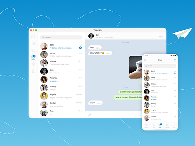 DailyUI #013 - Direct Messaging Telegram redisign app blue dailyui dashboad design desktop grey interface messenger mobile responsive layout telegram ui ux web webdesign