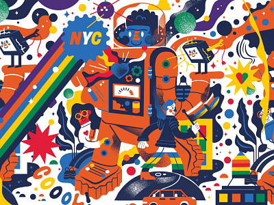 Robot Billboard Design astronaut building city hear man nyc pride rainbow robot space