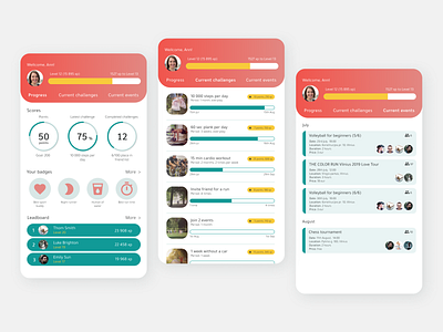 Sport app badges challenges events gamification leadboard mobile app mobile app design progress bar scores sport app ux design