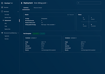 Development Dashboard Concept containers deployment developer development kubernetes ui ui design webapp workloads