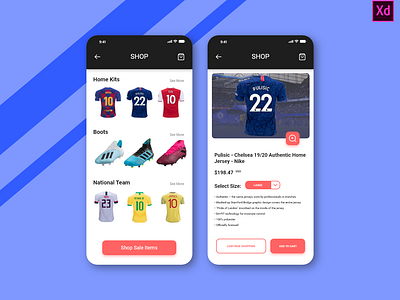 Soccer Shop adobe xd app design chelsea fc football interface design mobile app mobile design mobile ui shopping cart soccer ui design uiux