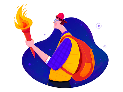 Torch adventure affinity designer boy character color dark explore explorer fire illustration man night orange outdoor people purple torch uran