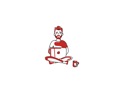 working man coffe hand drawn illustration laptop lineart man red work work in progress