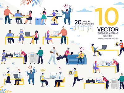 Business Meeting Scenes Collection business businessman cartoon character concept conference corporate flat illustration man people person project set talk team training vector woman workplace