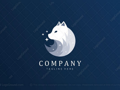 Night Wolf logo (sold) animal beautiful branding elegant logo logos modern moon night simple sky sparkle stars white wolf