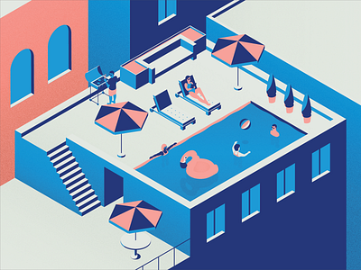 Rooftop Pool ball beach building flamingo float illustration isometric pool rooftop summer texture umbrella vector