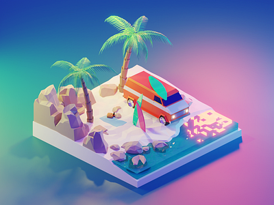 Beach 3d beach blender design diorama illustration isometric low poly lowpoly lowpolyart model render summer summertime surfing van