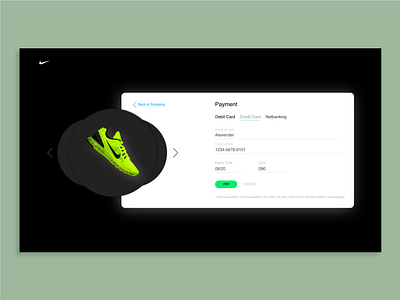 Payment Screen adobe xd checkout creditcard dailyui dark theme debit card desktop app experimental design innovative design interaction designer net banking nike payment form payment method shopping app theme design ui design user experience design visual design web design