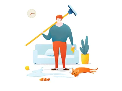 打扫卫生和猫（Clean and Cat） animal broom cat clean environmental protection health illustration red room sofa towel vector velvet water