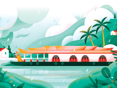 Monsoon Travel asia boat flat forest holiday illustration monsoon nature rain river scenery texture thailand traditional travel tropic tropical vector village weather