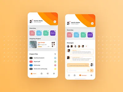 Project Management App app connection dashboard design figma illustrator ios list management message mobile orange profile project redesign schedule storage task uiux workspace