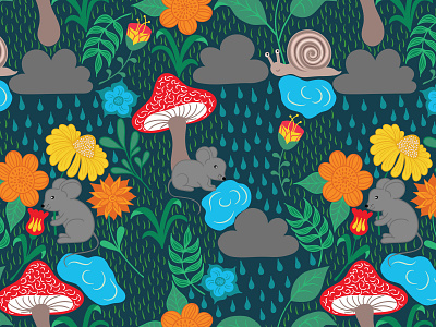 Rainy Day on dark background blue cloud floral flowers green leaves mice mouse mushrooms orange rain rainy red snail yellow