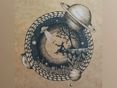 Pen work alien brown paper fine arts illustration imaginary pen and ink universe