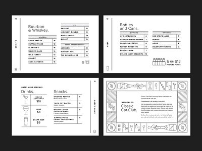 Classic Car Club Menu Book automotive beer book branding cocktails icon illustration layout menu print