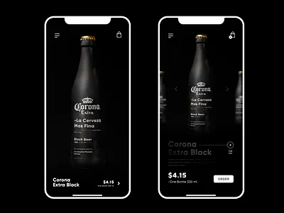 Corona Extra - Black Beer / Order Page app app branding bar beer black white bottle design luxury order sale ui uidesign ux web