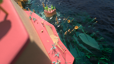 Smuggler's Island 3d c4d cg environment flag island low poly octane render pirates sea seagulls ship sun trees