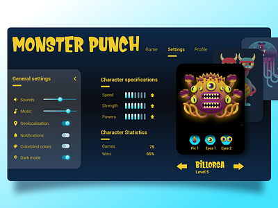 Settings Page | Daily UI 007 daily ui daily ui challenge game game design monsters settings settings page ui