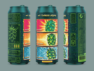 Three Hops 80s 8bit alcohol beer can character craft game hop illustration label package pixel pixel art