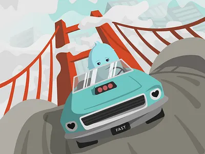 Hearts In The Headlights adventure bridge car city clouds design drive engine enviroment fast flat golden gate illustraion mustang roadtrip speed summer trip vector