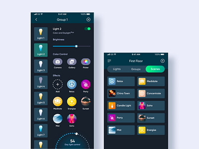 Smart Light Control app ui brightness color control effects ios light light control scenes smart home smart light