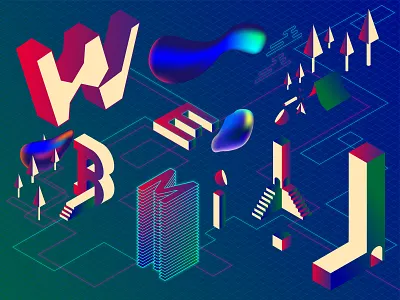 Webmil city digital illustration gradient illustration isometric illustration letters