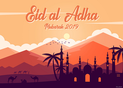 Eid Al Adha Mubarak camel camels cloud design eid eid mubarak flying bird hill illustration landscape landscape design mountain sky srabon arafat sun tree vector