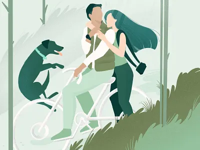 Bike ride bike bike ride character characterdesign couple dog flat green icons illustration ipadpro love minimal monocromatic nature plants procreate woods