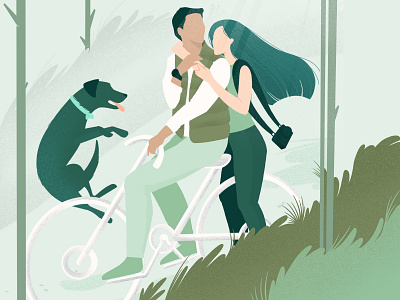 Bike ride bike bike ride character characterdesign couple dog flat green icons illustration ipadpro love minimal monocromatic nature plants procreate woods