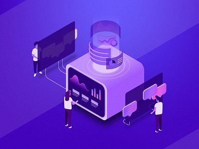 Survey Answers Compilation Isometric Illustration answers bar graph bubbles chat compilation glow graphs illustration isometric people screen survey