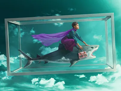 Shark Tank Girl digital art fashion model photo composite photoshop retouching shark sky tank