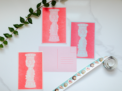 Canephora II canephora canephorae caryatid caryatid column greek neon red postcard print riso riso print risograph