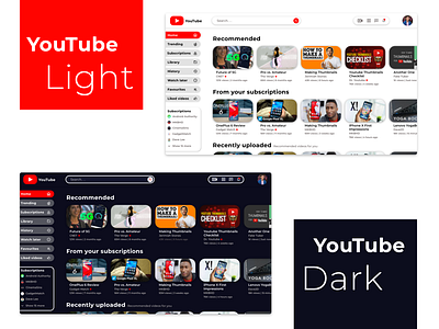 YouTube Light and Dark 2019 adobexd bubbly concept dark mode design redesign rounded ui user interface ux website youtube