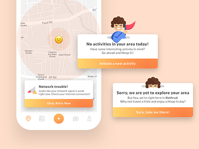 Error Messages Hyperlocal Social Network app character design error flat hybrid icon illustration mobile onboarding orange social typography ui ux vector verification web website wizard