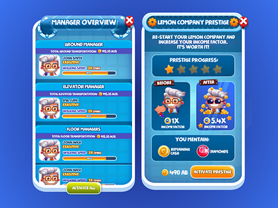 Lemon factory Manager Overview + Unlock Prestige awesome farmer game ui game ux gameui gold google manager prestige rich screen ui uiux