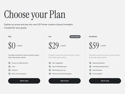 Pricing plan section for Framer built with Frameblox UI kit button clean cta grey interface light modern plan price pricing pricing plan serif subscribe subscription ui ui design ux webdesign website website design