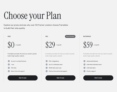 Pricing plan section for Framer built with Frameblox UI kit button clean cta grey interface light modern plan price pricing pricing plan serif subscribe subscription ui ui design ux webdesign website website design