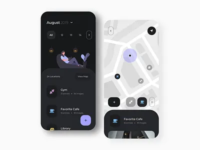 Location Journal App [Dark Mode] app appdesign calendarapp graphicdesign illustration journalapp locationapp ui ui design userinterface ux uxdesign uxdesigner webdesign