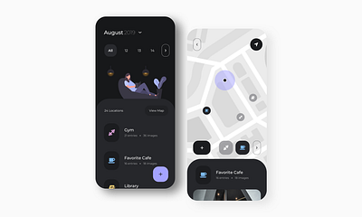 Location Journal App [Dark Mode] app appdesign calendarapp graphicdesign illustration journalapp locationapp ui ui design userinterface ux uxdesign uxdesigner webdesign