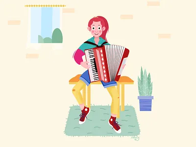 When I was 18 years old 8 years old accordion girl illustration music music player