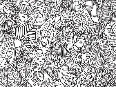 Jungle Coloring Page animals bird coloring book coloring page colouring detailed doodle doodleart illustration jungle line art ornament outline rainforest toucan tropical tropical leaves vector illustration wildlife zentangle
