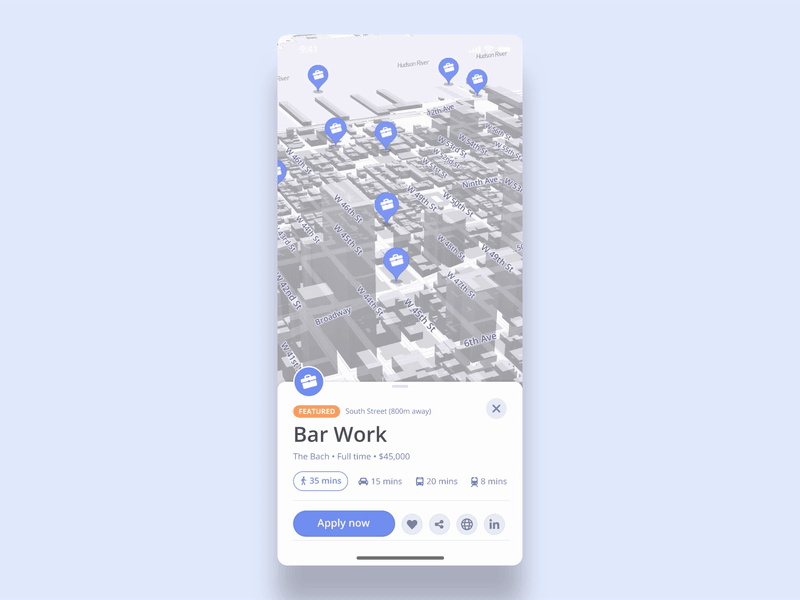 Job board concept using @mapbox Studio animation apple maps design google maps interaction ios iphonex jobs map mapbox mapbox studio mapping ui ux